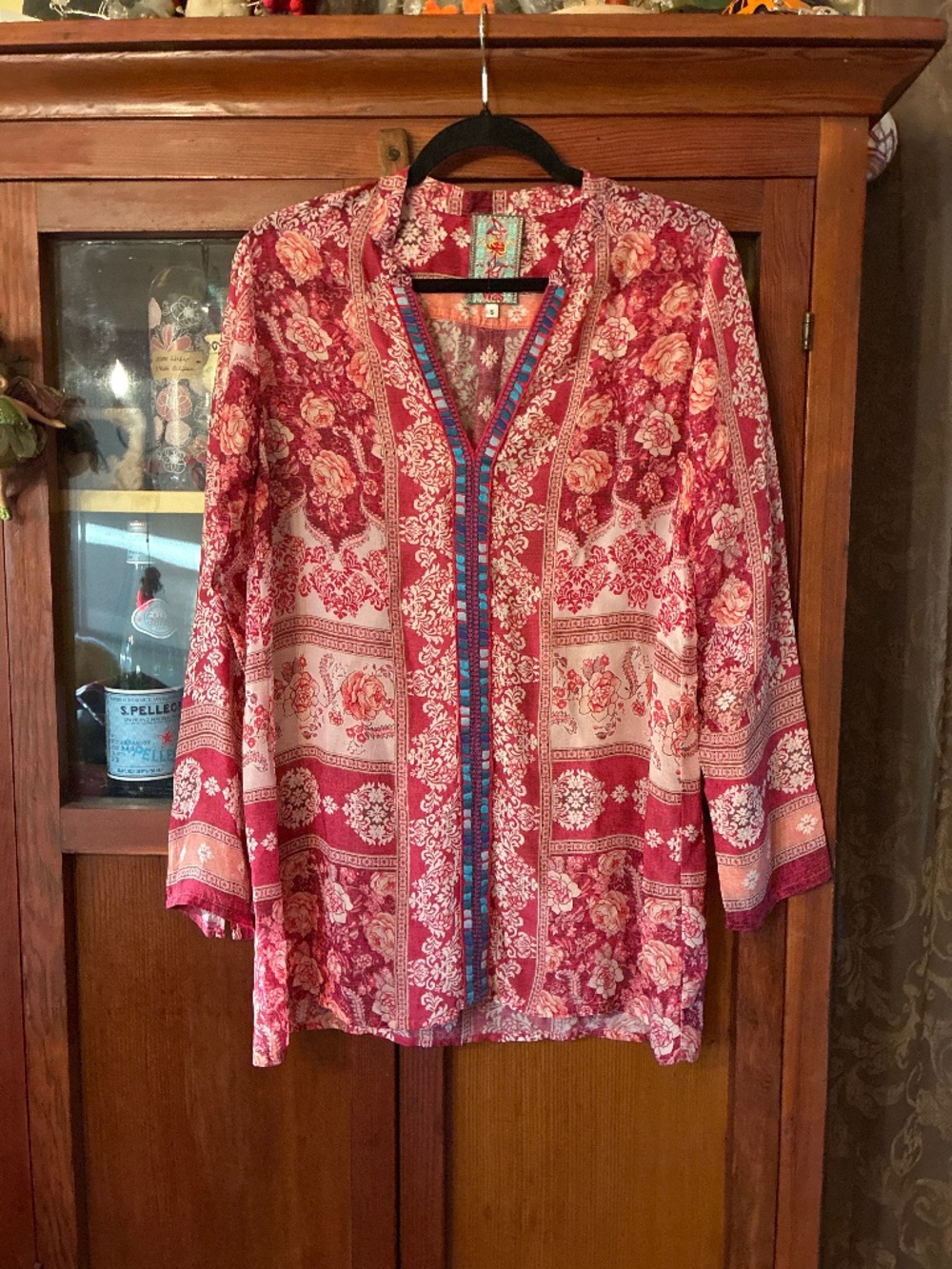 Johnny Was Miro Embroidered Tassel Tunic Blouse Boho Pink Red